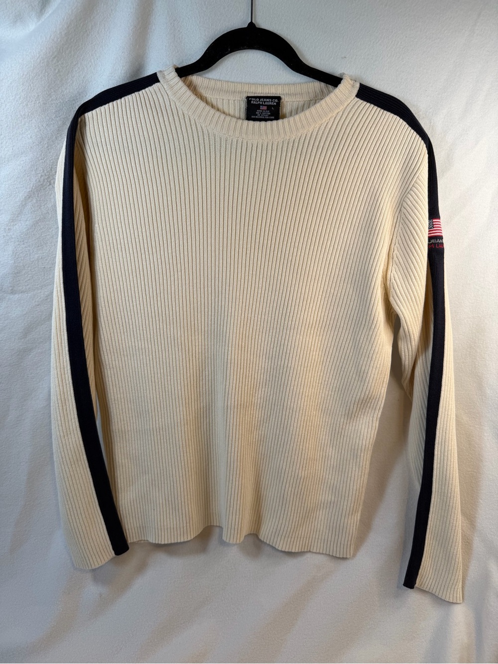 Vtg Polo Jeans Co Ralph Lauren Ribbed Sweater American Flag Stripe Cream L
